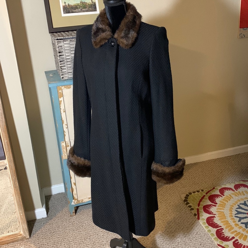 Isaac Misrahi Black Coat Faux Fur Collar and Cuffs